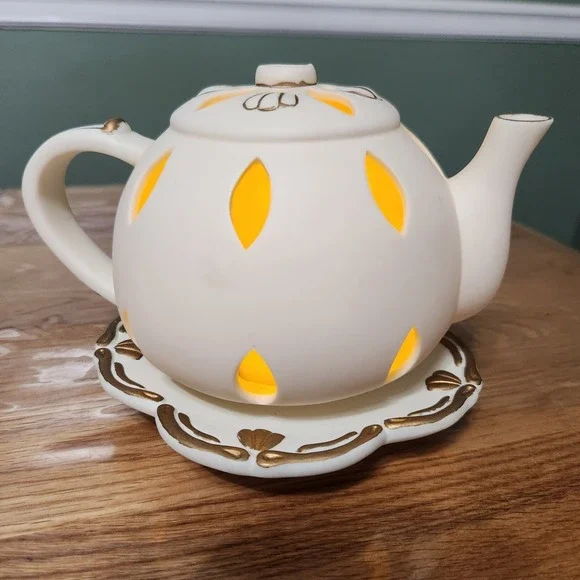 Partylite Tea Pot Tealight Candle Holder Luminary Porcelain Bisque Fairy - Picture 2 of 6